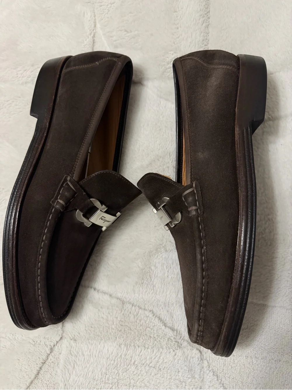 MINT! $950 Salvatore Ferragamo Dark Brown Suede Gancini Buckle Bit Loafers 11 D